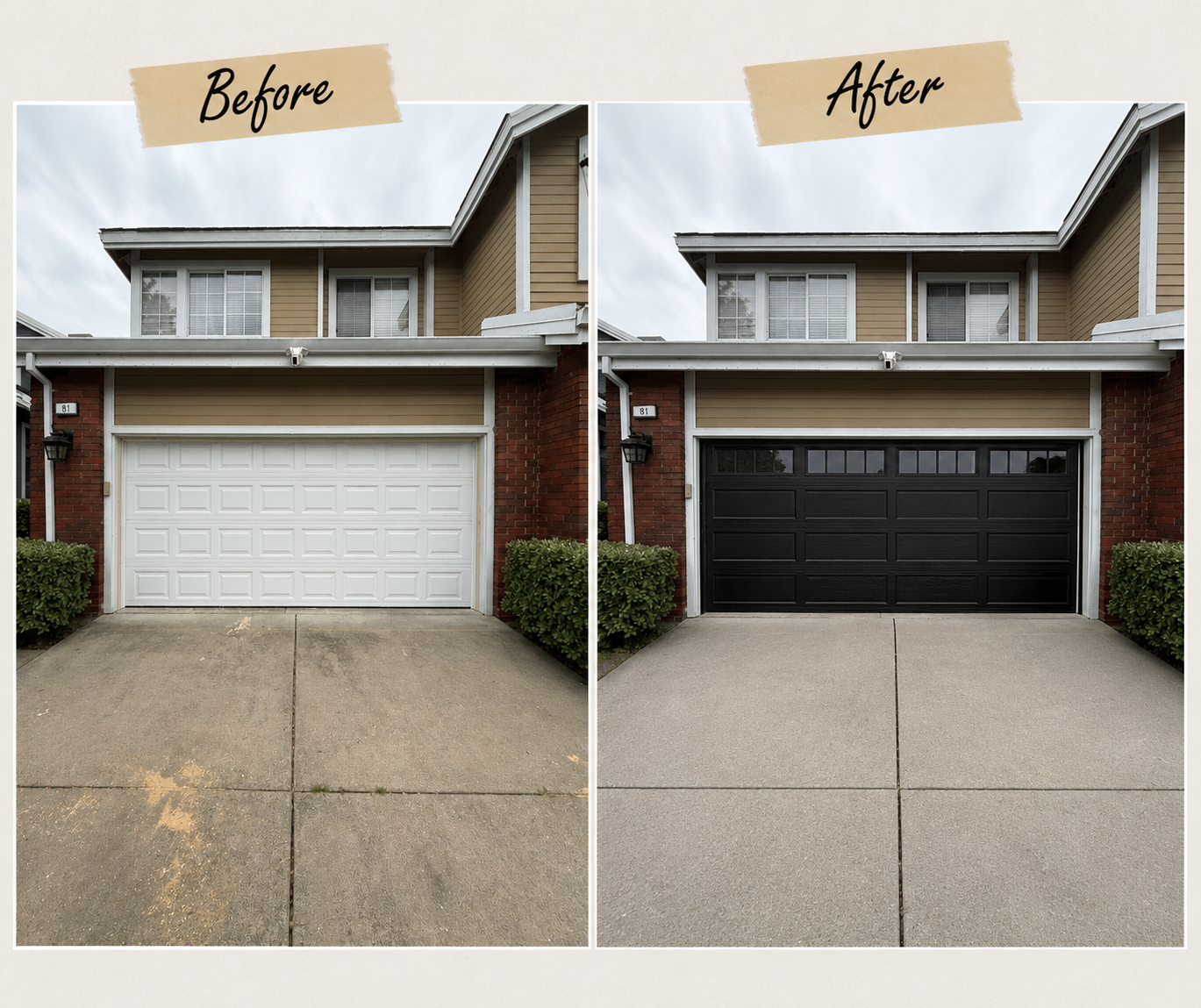 Before and after carriage-style black garage door upgrade on a San Francisco Victorian row home